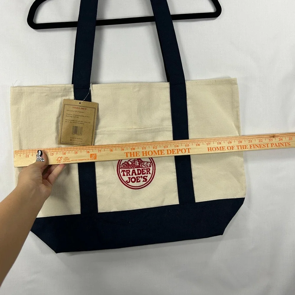 Trader Joe's Canvas Reusable Tote Bag – Cream & Navy Blue Embroidered Logo